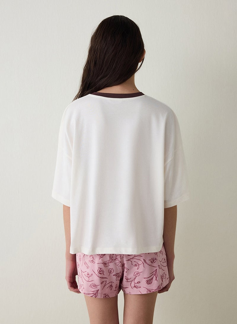 Penti Ecru Steppe Tulip Floral Printed Organic Cotton Crew Neck Short Sleeve Pajama Set With Shorts - Image 5